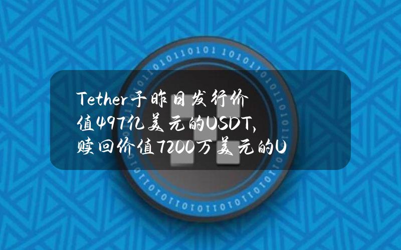 Tether于昨日发行价值4.97亿美元的USDT，赎回价值7200万美元的USDT